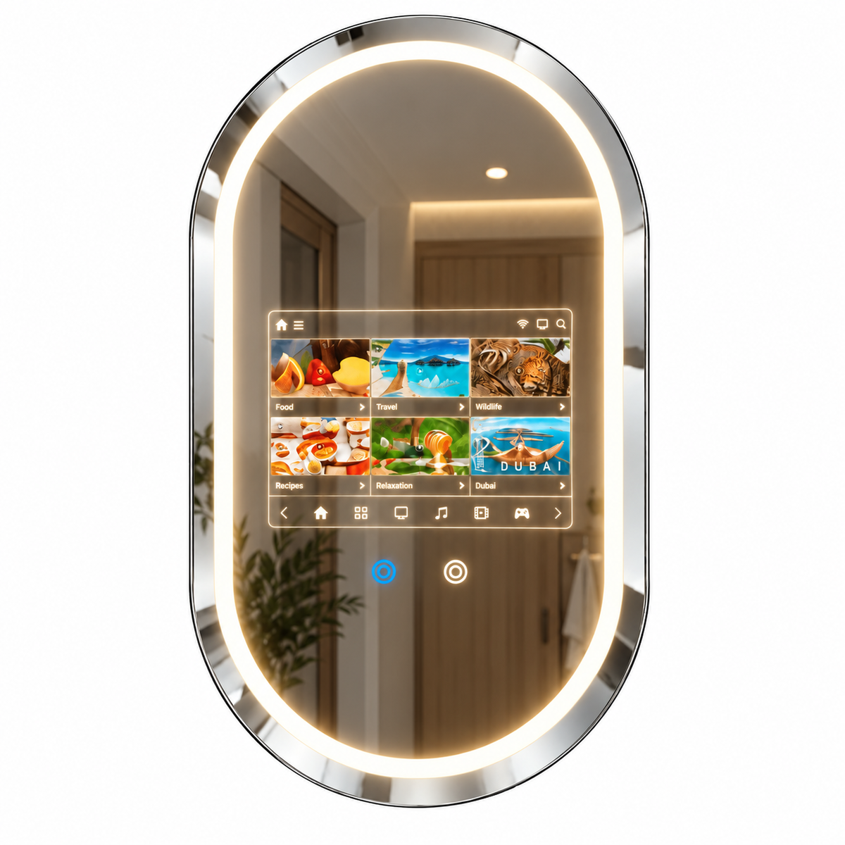 The Aura Oval frameless capsule-silhouette smart bathroom mirror displaying an interactive multi-app entertainment dashboard menu
