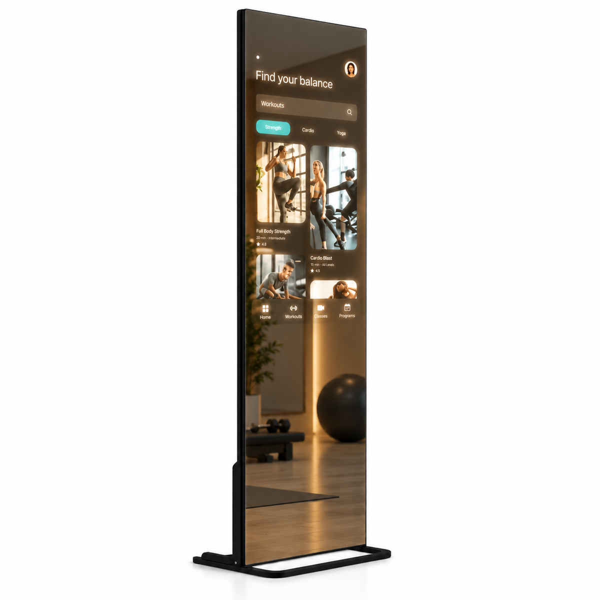 The Aura Vanguard 43" smart home free standing fitness mirror displaying a popular workout application screen, curated by Home Pulse Living.