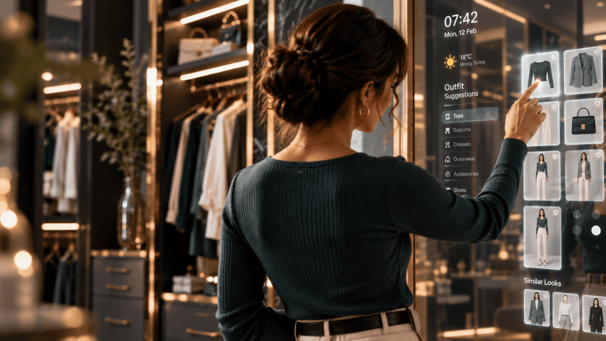Woman interacting with an illuminated Aura Vanguard Smart wardrobe. Curated by Home Pulse Living