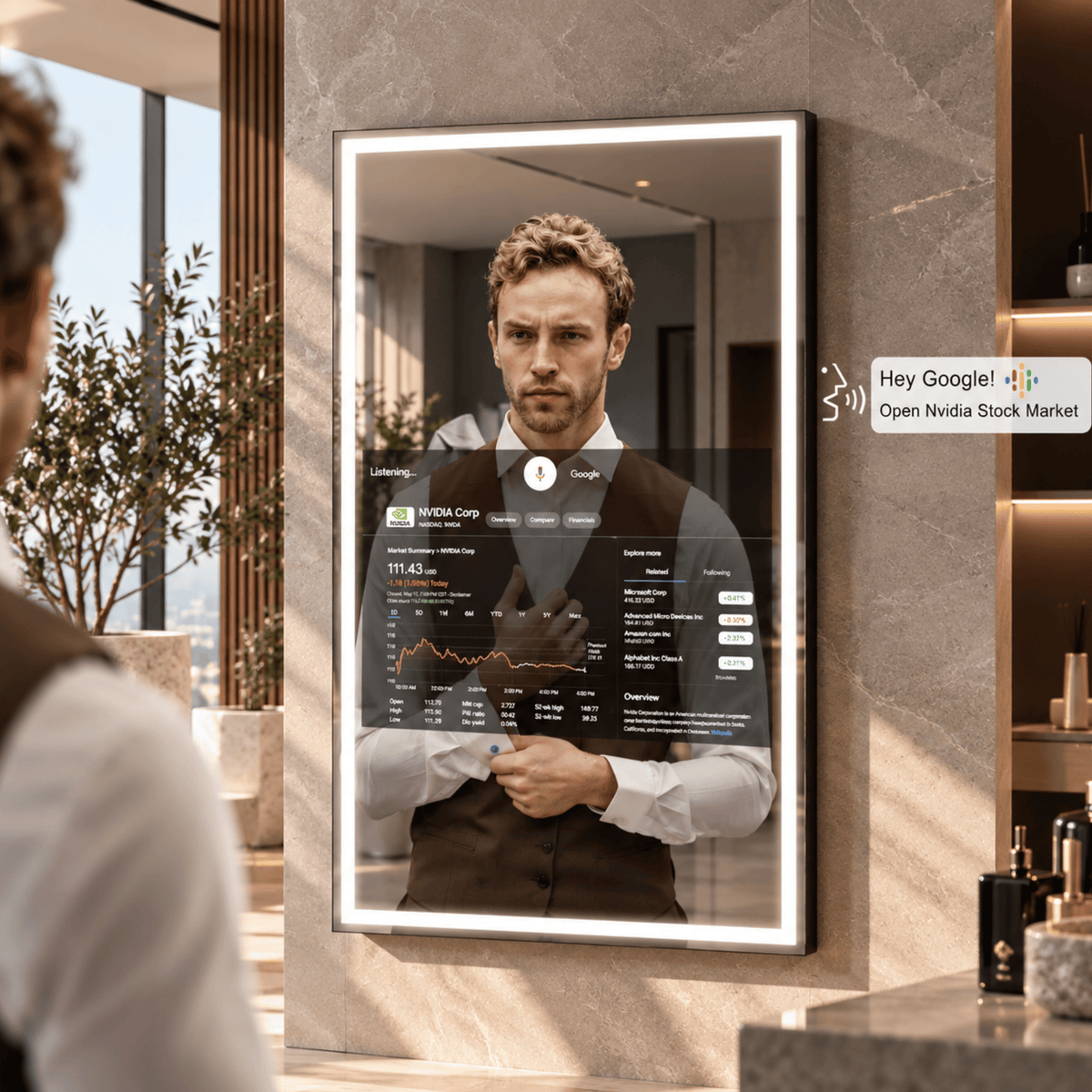 A modern bathroom scene with a large illuminated smart mirror mounted on a stone wall. The mirror displays a man in a brown vest and white shirt, along with a transparent dashboard overlay of a stock market app. Curated by Home Pulse Living