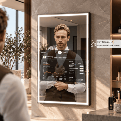 A modern bathroom scene with a large illuminated smart mirror mounted on a stone wall. The mirror displays a man in a brown vest and white shirt, along with a transparent dashboard overlay of a stock market app. Curated by Home Pulse Living