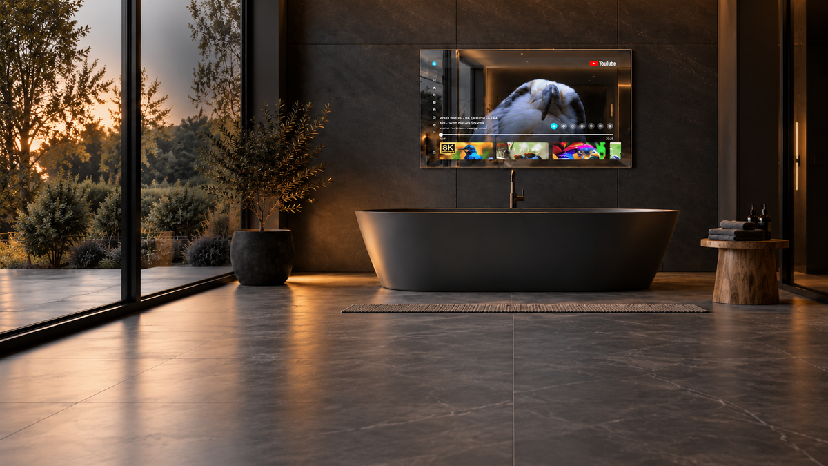 A modern freestanding bathtub in a dark bathroom with a wall-mounted TV showing a YouTube video. Large windows on the left reveal an outdoor garden scene, and a small wooden side table with candles sits to the right.