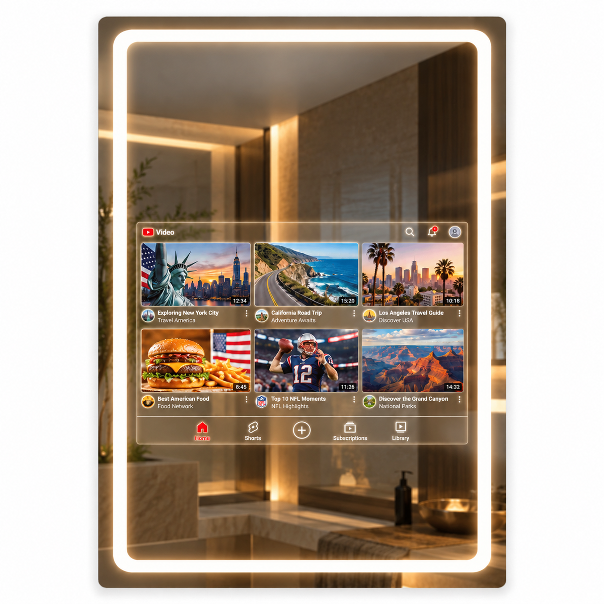 A modern bathroom smart mirror The mirror displays a transparent dashboard overlay of YouTube. Curated by Home Pulse Living.