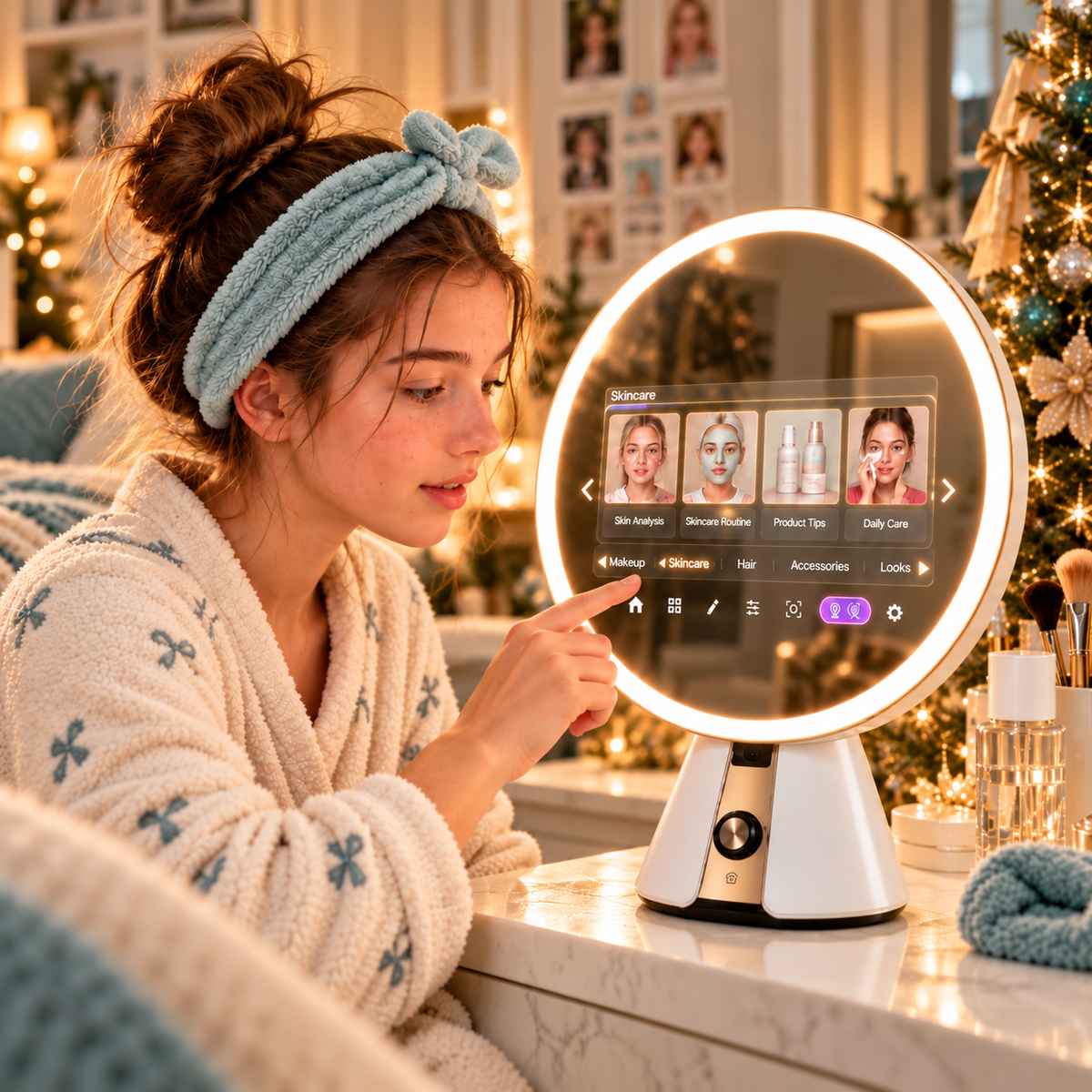 The Aura Jewel Makeup mirror, Christmas gift for a young girl. Girl interacting with a round illuminated smart makeup mirror, learning a skin routine for her skin. Curated by Home Pulse Living