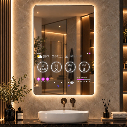 The Aura smart bathroom backlit LED mirror displaying an active Android touchscreen application dashboard inside a luxury stone bathroom suite, curated by Home Pulse Living.