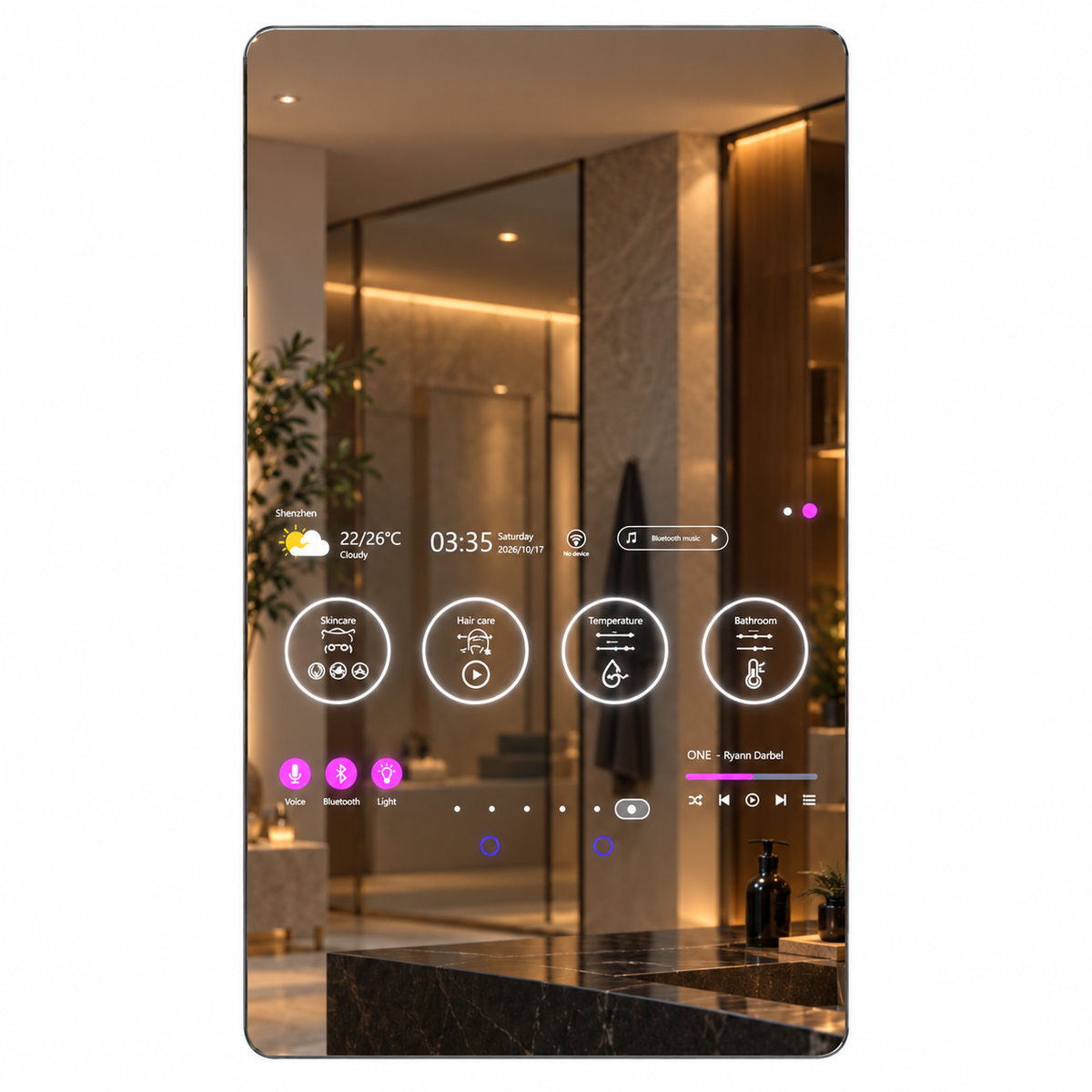 The Aura smart bathroom backlit LED mirror displaying an active Android touchscreen application dashboard inside a luxury stone bathroom suite, curated by Home Pulse Living.