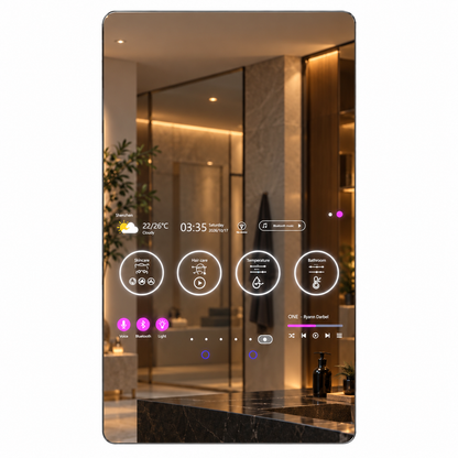 The Aura smart bathroom backlit LED mirror displaying an active Android touchscreen application dashboard inside a luxury stone bathroom suite, curated by Home Pulse Living.