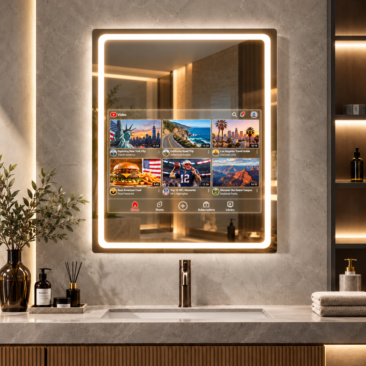 A modern bathroom scene with a large illuminated smart mirror mounted on a stone wall. The mirror displays a transparent dashboard overlay of YouTube. Curated by Home Pulse Living.