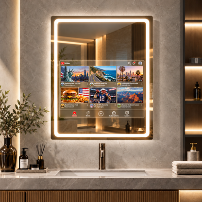 A modern bathroom scene with a large illuminated smart mirror mounted on a stone wall. The mirror displays a transparent dashboard overlay of YouTube. Curated by Home Pulse Living.
