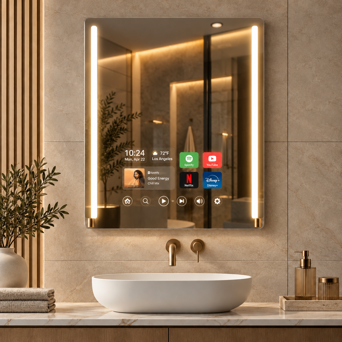 A modern wall-mounted bathroom mirror with integrated vertical LED light bars and a digital control interface near the bottom, shown above a white vessel sink in a beige bathroom setting.