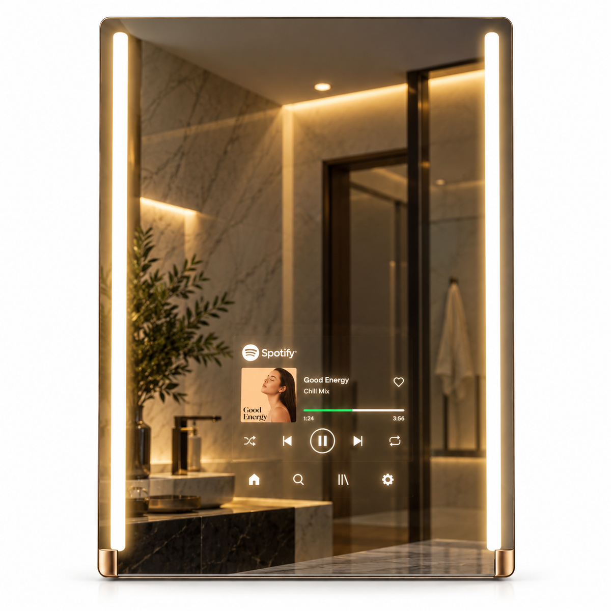 A modern wall-mounted bathroom mirror with integrated vertical LED light bars and a digital control interface near the bottom, shown above a white vessel sink in a beige bathroom setting.