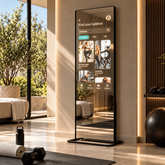 The Aura Vanguard 43" smart home free standing fitness mirror  in a bright wellness room displaying a popular workout application screen above training weights and a yoga mat, curated by Home Pulse Living.