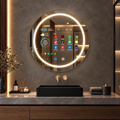 Round Smart Bathroom Mirror with Touchscreen – Aura Luna Eclipse