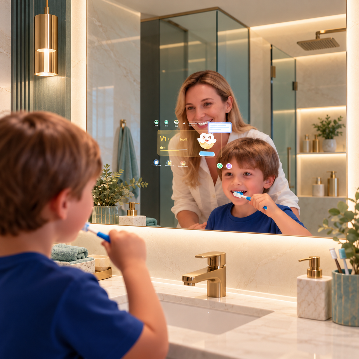 The Aura smart bathroom vanity mirror displaying an interactive 2-minute child toothbrushing countdown routine in a luxury modern marble bathroom, curated by Home Pulse Living.