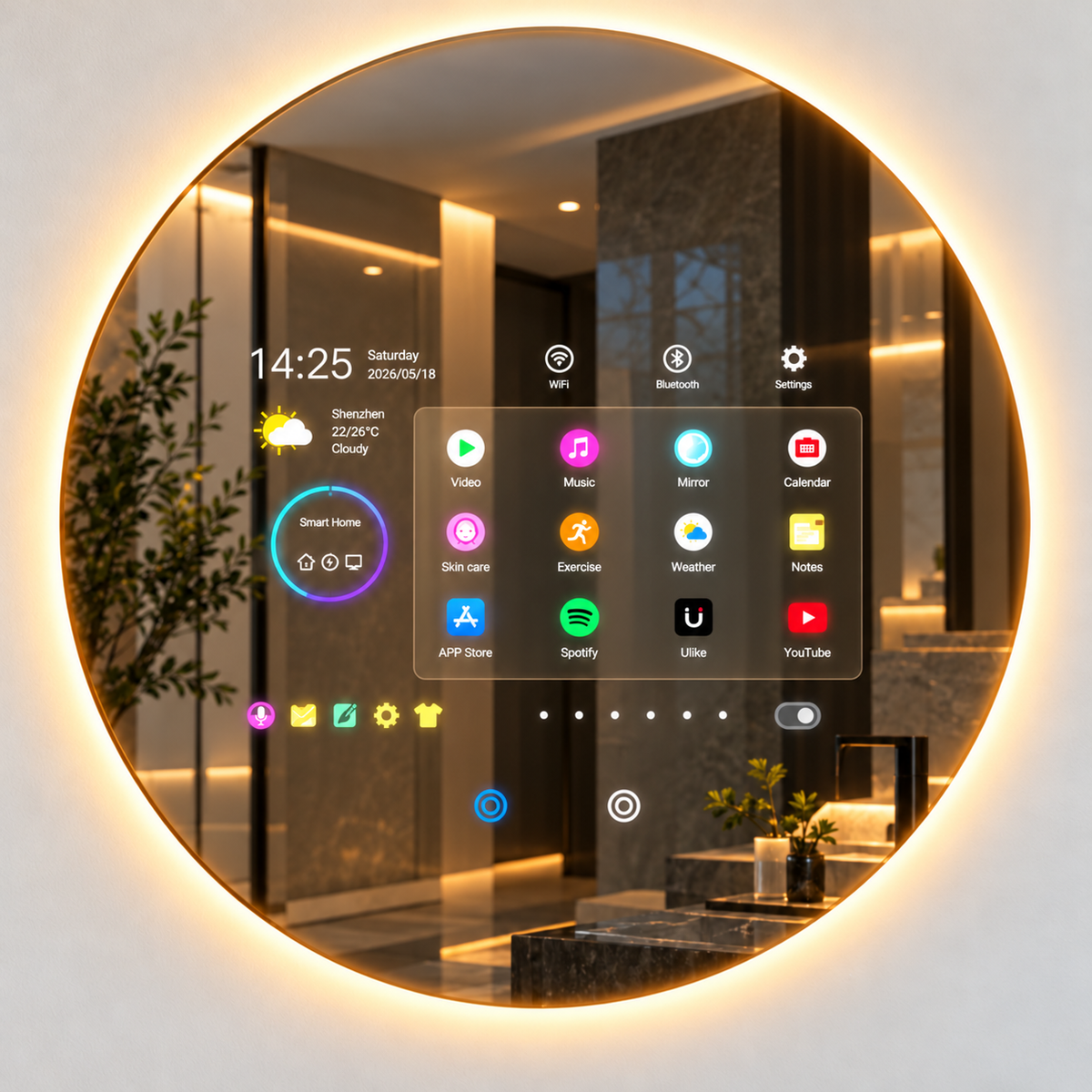 The Aura Eclipse backlit circular smart mirror displaying a minimalist Android weather and calendar dashboard on glass, mounted on a wall  by Home Pulse Living