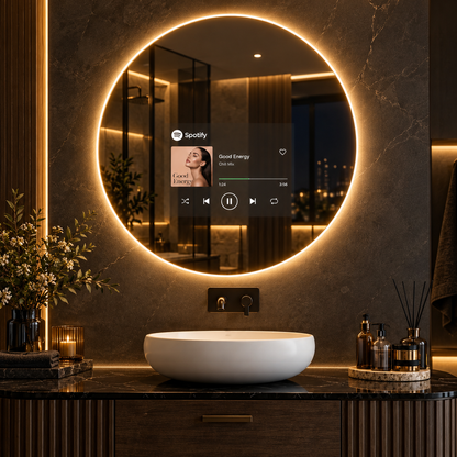 The Aura Eclipse backlit circular smart mirror displaying a minimalist Android Spotify dashboard on glass, mounted on a wall  by Home Pulse Living
