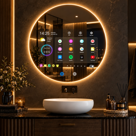 The Aura Eclipse 24" backlit circular smart mirror displaying a minimalist Android weather and calendar dashboard on glass, mounted on a wall  by Home Pulse Living