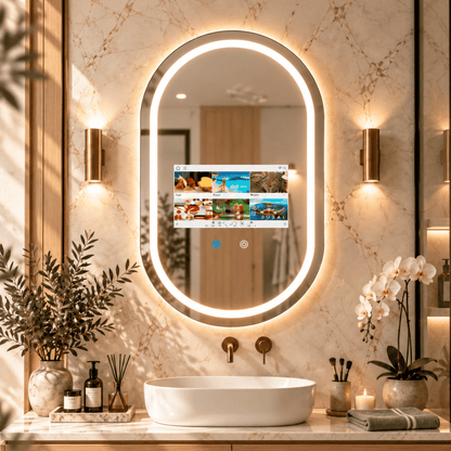 The Aura Oval frameless capsule-silhouette smart bathroom mirror displaying an interactive multi-app entertainment dashboard menu above a white ceramic bowl sink on a marble tiled wall, curated by Home Pulse Living.