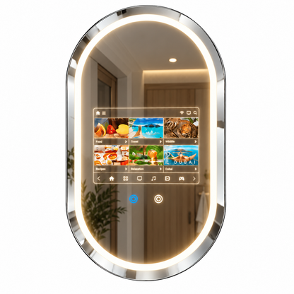 The Aura Oval frameless capsule-silhouette smart bathroom mirror displaying an interactive multi-app entertainment dashboard menu