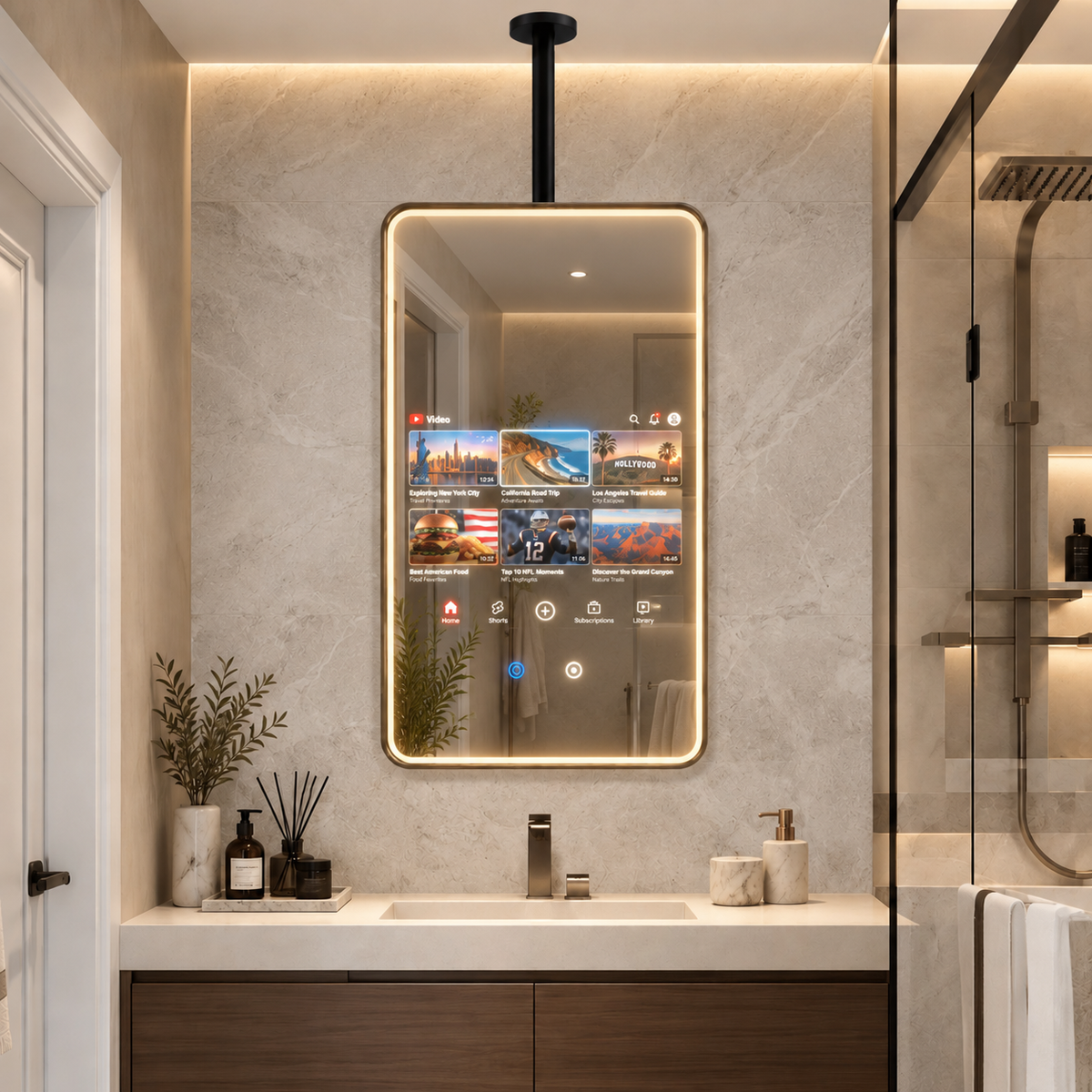 The Aura Portrait Capsule ceiling-suspended smart mirror with curved edges displaying an Android media touchscreen overlay in a luxury bathroom, by Home Pulse Living.