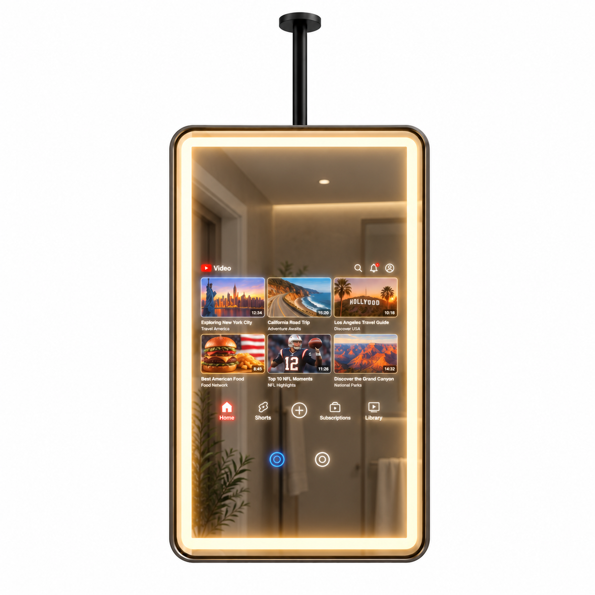 A modern rectangular smart mirror with a black frame and a black hanging rod, featuring a warm LED light border and a digital user interface displayed on the screen,