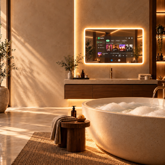 The Aura Solis landscape frameless smart bathroom mirror displaying an active Spotify player dashboard overlay above a minimalist dark wood vanity drawer setup and stone freestanding bubble bathtub, by Home Pulse Living.