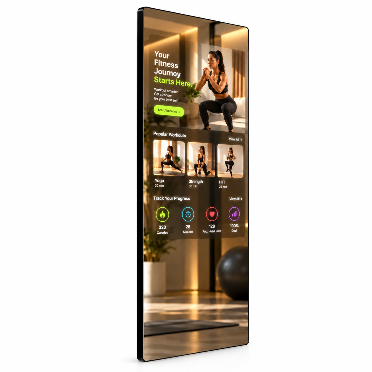 The Aura Vanguard 32 smart home fitness mirror wall-mounted displaying a popular workout application screen, curated by Home Pulse Living.