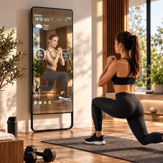  The Aura Vanguard full-length smart fitness mirror showing an active workout profile, weight tracker, and body fat index overlay as a woman in athletic wear practices lunges on a yoga mat inside a modern home studio, by Home Pulse Living.