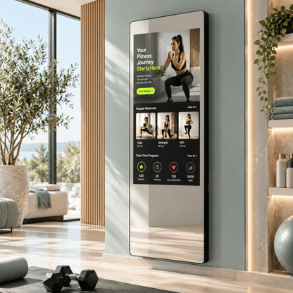 The Aura Vanguard 32 smart home fitness mirror wall-mounted in a bright wellness room displaying a popular workout application screen above training weights and a yoga mat, curated by Home Pulse Living.