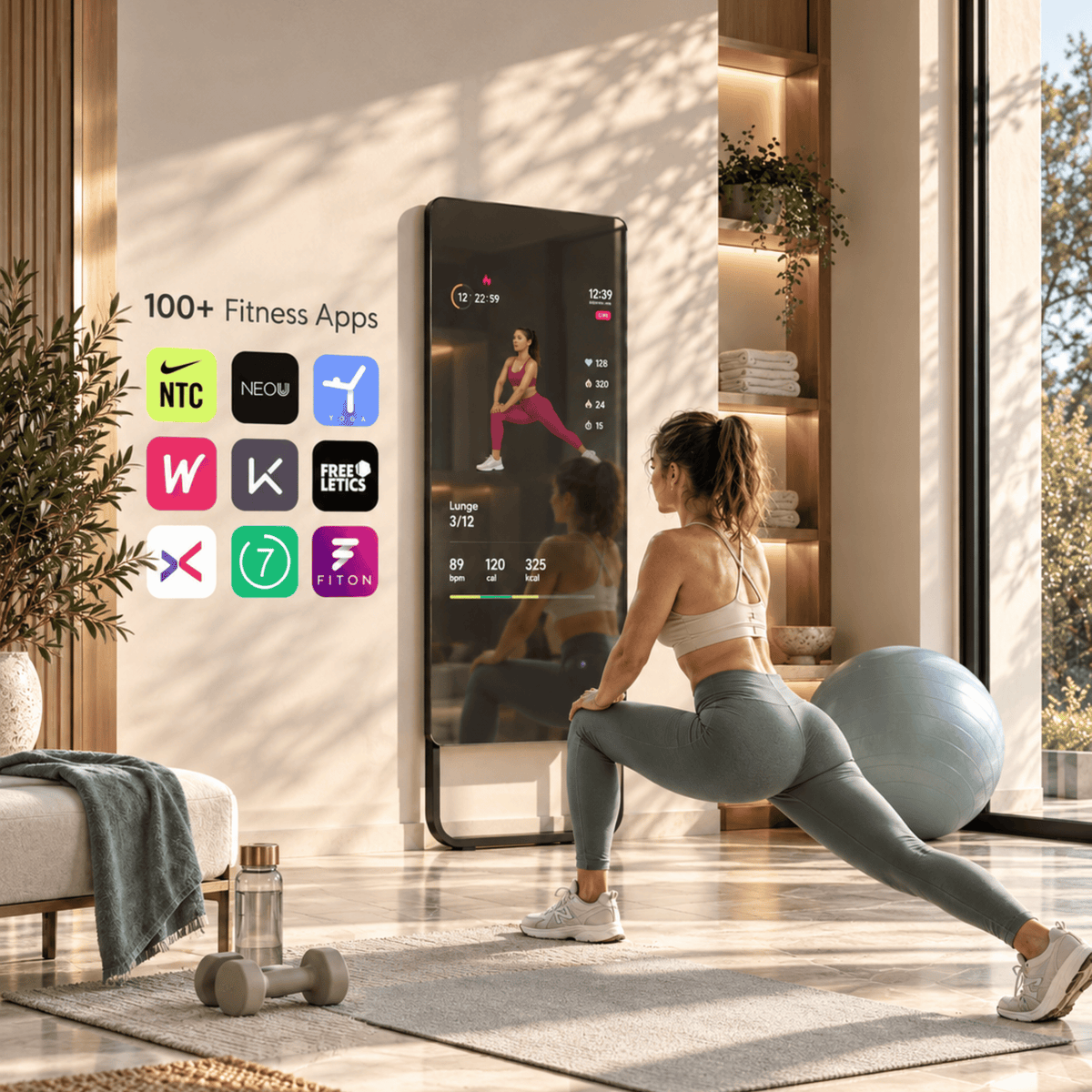 The Aura Vanguard full-length interactive smart fitness mirror displaying a personal training workout app with live metrics on a sleek reflective screen inside a luxury minimalist apartment home gym, curated by Home Pulse Living.
