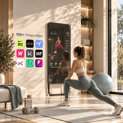 The Aura Vanguard full-length interactive smart fitness mirror displaying a personal training workout app with live metrics on a sleek reflective screen inside a luxury minimalist apartment home gym, curated by Home Pulse Living.
